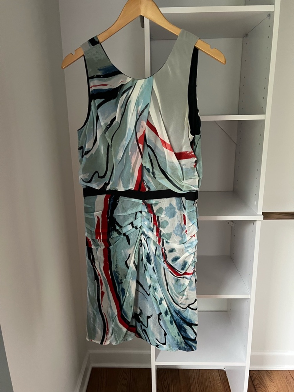 Diane Von Furstenberg Sleeveless Abstract Midi Dress in Aqua, Blue, and Red